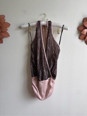 Bebe Nude and Black Lace Halter Top